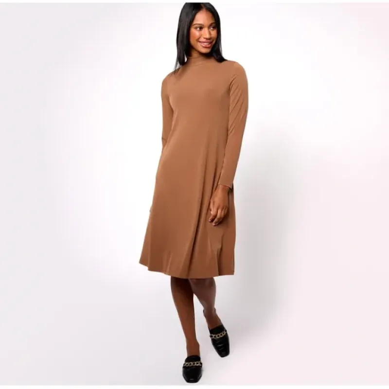 Susan Graver Petite Liquid Knit A-Line Long-Sleeve Mock Neck Dress - a world of fashionable women's clothing, including a wide selection of dresses and trendy accessories.< Dresses