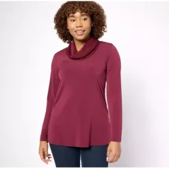 Susan Graver Petite Liquid Knit Tunic with Sequin Cowl-Neck - a world of fashionable women's clothing, including a wide selection of dresses and trendy accessories.< Dresses