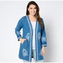 Susan Graver Petite Open Front Chambray Jacket with Lace Applique - a world of fashionable women's clothing, including a wide selection of dresses and trendy accessories.> Online