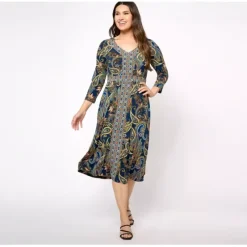 Susan Graver Petite Printed Liquid Knit 3/4 Sleeve V-Neck Midi Dress - a world of fashionable women's clothing, including a wide selection of dresses and trendy accessories.< Dresses