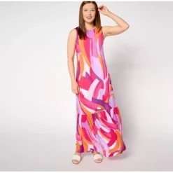 Susan Graver Petite Printed Liquid Knit A-Line Back Tie Maxi Dress - a world of fashionable women's clothing, including a wide selection of dresses and trendy accessories.< Dresses