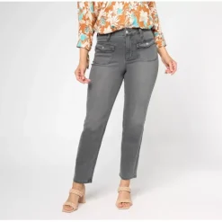 Susan Graver Petite Straight Leg Jean with Patch Pockets - a world of fashionable women's clothing, including a wide selection of dresses and trendy accessories.< Fashion