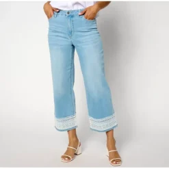 Susan Graver Petite Stretch Denim Wide-Leg Crop Jean with Lace Trim - a world of fashionable women's clothing, including a wide selection of dresses and trendy accessories.< Fashion