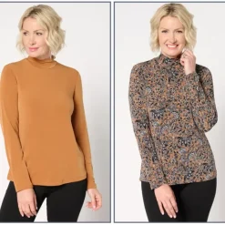 Susan Graver Print and Solid Liquid Knit Set of 2 Mock-Neck Tops - a world of fashionable women's clothing, including a wide selection of dresses and trendy accessories.< Fashion