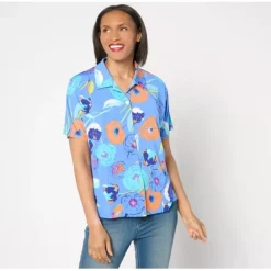 Susan Graver Printed Liquid Knit Dolman Sleeve Camp Shirt - a world of fashionable women's clothing, including a wide selection of dresses and trendy accessories.< Dresses