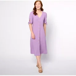 Susan Graver PURE Petite Linen Blend Tie Sleeve Midi Dress - a world of fashionable women's clothing, including a wide selection of dresses and trendy accessories.< Dresses