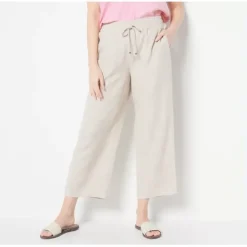 Susan Graver Pure Petite Linen Blend Crop Pant with Drawstring - a world of fashionable women's clothing, including a wide selection of dresses and trendy accessories.< Fashion
