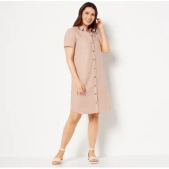 Susan Graver Pure Petite Linen Blend Button Front Dress - a world of fashionable women's clothing, including a wide selection of dresses and trendy accessories.< Dresses