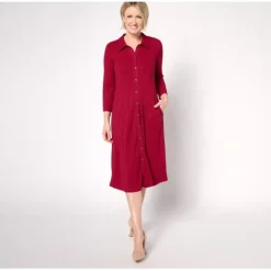 Susan Graver Reg Sweater Rib Knit 3/4 Sleeve Button-Front Midi Dress - a world of fashionable women's clothing, including a wide selection of dresses and trendy accessories.< Dresses