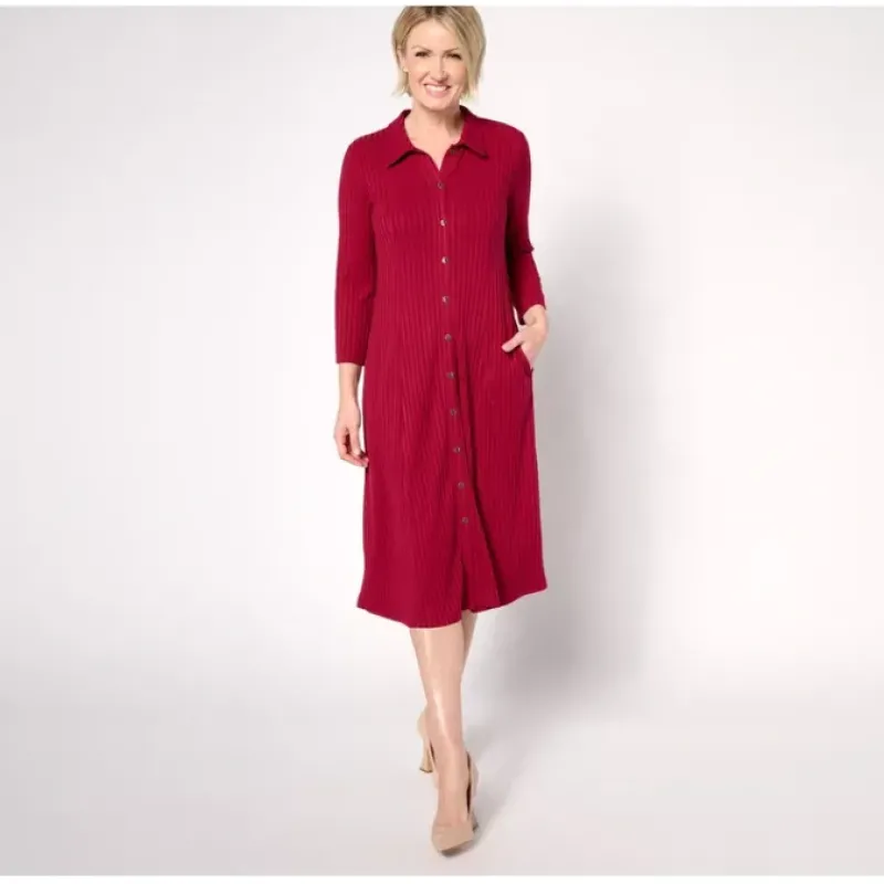 Susan Graver Reg Sweater Rib Knit 3/4 Sleeve Button-Front Midi Dress - a world of fashionable women's clothing, including a wide selection of dresses and trendy accessories.< Dresses