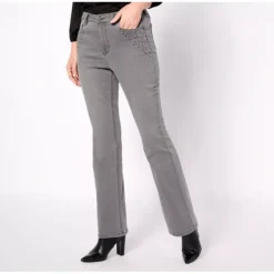 Susan Graver Regular Embellished Pocket Bootcut Jeans - a world of fashionable women's clothing, including a wide selection of dresses and trendy accessories.> Sale