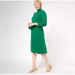 Susan Graver Regular Liquid Knit Mock-Neck Midi Dress with Tie Sleeves - a world of fashionable women's clothing, including a wide selection of dresses and trendy accessories.< Dresses