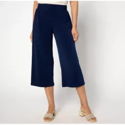 Susan Graver Regular Liquid Knit Wide Leg Capri Pants with Smocking - a world of fashionable women's clothing, including a wide selection of dresses and trendy accessories.< Dresses