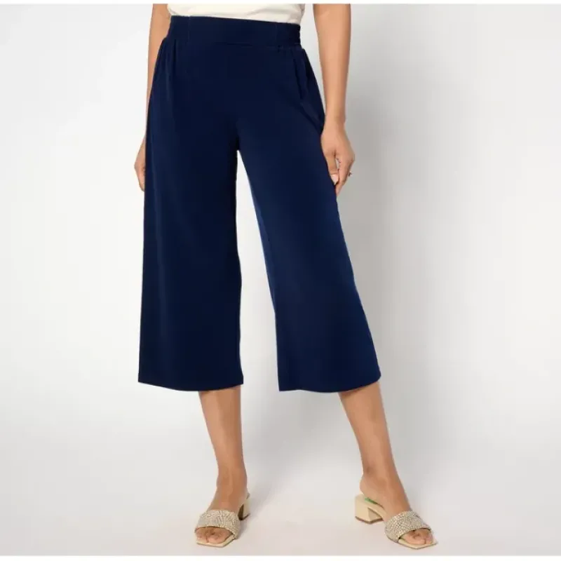 Susan Graver Regular Liquid Knit Wide Leg Capri Pants with Smocking - a world of fashionable women's clothing, including a wide selection of dresses and trendy accessories.< Dresses