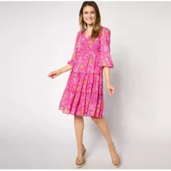 Susan Graver Regular Printed Mesh V-Neck 3/4 Sleeve Tiered Dress - a world of fashionable women's clothing, including a wide selection of dresses and trendy accessories.< Dresses