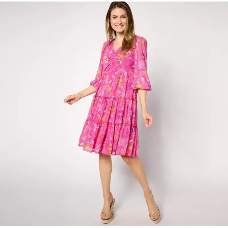 Susan Graver Regular Printed Mesh V-Neck 3/4 Sleeve Tiered Dress - a world of fashionable women's clothing, including a wide selection of dresses and trendy accessories.< Dresses