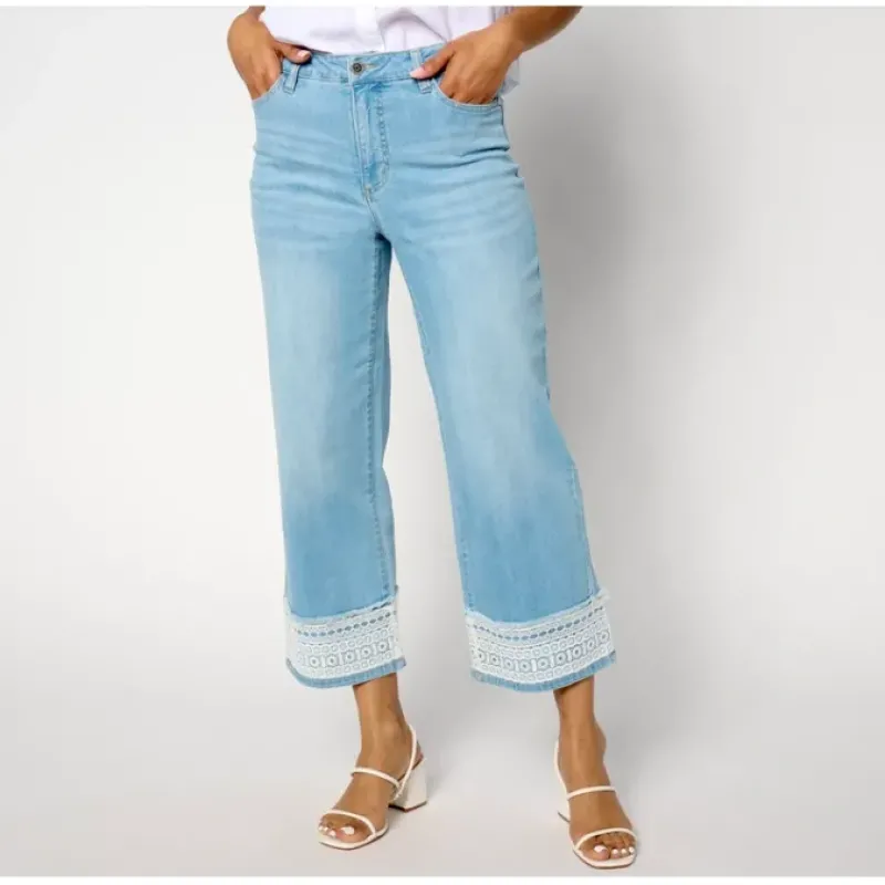 Susan Graver Regular Stretch Denim Wide Leg Crop Jean w/Lace - a world of fashionable women's clothing, including a wide selection of dresses and trendy accessories.< Fashion