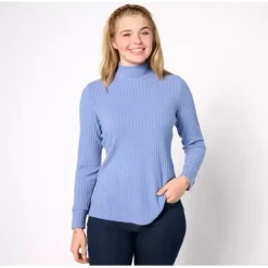 Susan Graver Rib Knit Mock Neck Long Sleeve Top with Button Detail - a world of fashionable women's clothing, including a wide selection of dresses and trendy accessories.< Fashion