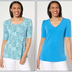 Susan Graver Set of 2 Print Solid Liquid Knit Tops - a world of fashionable women's clothing, including a wide selection of dresses and trendy accessories.< Dresses