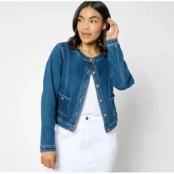 Susan Graver Stretch Denim Collarless Jacket w/ Pkts - a world of fashionable women's clothing, including a wide selection of dresses and trendy accessories.< Fashion