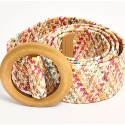 Susan Graver Stretch Raffia Belt with Round Wooden Buckle - a world of fashionable women's clothing, including a wide selection of dresses and trendy accessories.> Discount