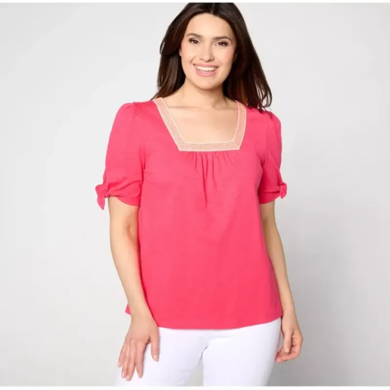 Susan Graver Weekend Textured Tie-Sleeve Top w/ Neck Trim - a world of fashionable women's clothing, including a wide selection of dresses and trendy accessories.< Shop All