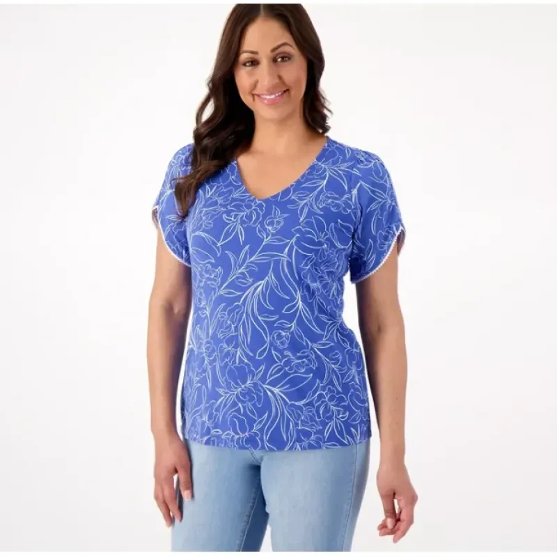 Susan Graver Weekend Textured Cotton Tulip-Sleeve Top with Trim - a world of fashionable women's clothing, including a wide selection of dresses and trendy accessories.< Shop All