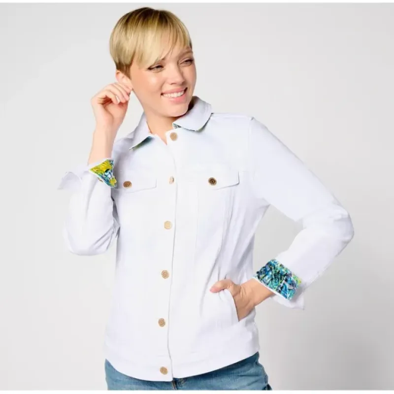 Susan Graver White Denim Jacket with Printed Lining - a world of fashionable women's clothing, including a wide selection of dresses and trendy accessories.< Fashion