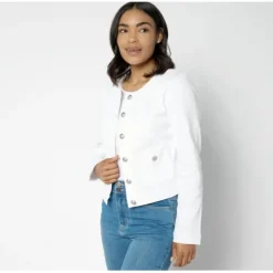 Susan Graver White Stretch Denim Collarless Jacket - a world of fashionable women's clothing, including a wide selection of dresses and trendy accessories.< Shop All