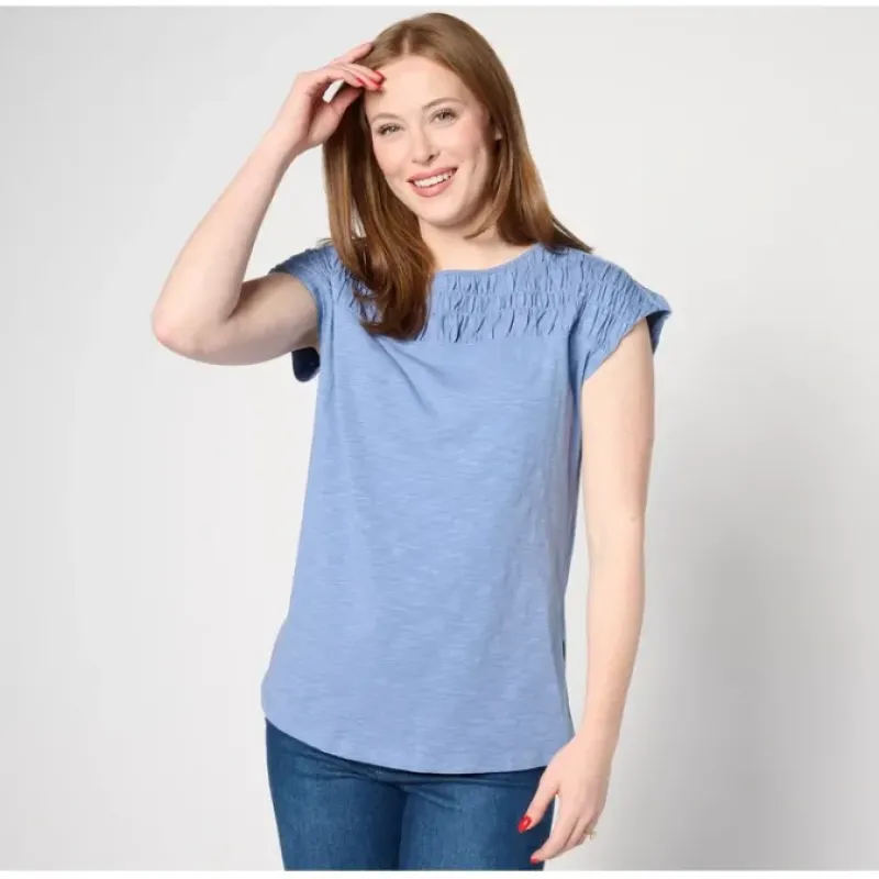 Texture Knit Boat Neck Cap Sleeve Top with Smocking - a world of fashionable women's clothing, including a wide selection of dresses and trendy accessories.< Fashion