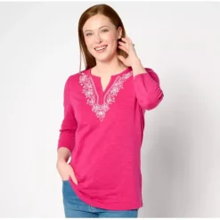 Texture Knit Split V-Neck 3/4 Sleeve Top - a world of fashionable women's clothing, including a wide selection of dresses and trendy accessories.< Shop All