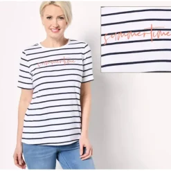 Textured Knit Summer Sayings Short-Sleeve Striped Top - a world of fashionable women's clothing, including a wide selection of dresses and trendy accessories.< Fashion