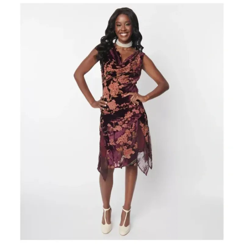 Unique Vintage Burgundy Floral Burnout Hemingway Flapper Dress - a world of fashionable women's clothing, including a wide selection of dresses and trendy accessories.< Dresses