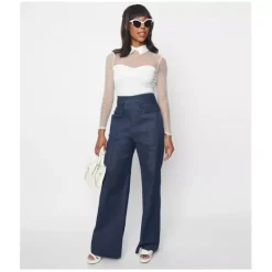 Unique Vintage Denim High Waistband Wide Leg Waist Tab Pants - a world of fashionable women's clothing, including a wide selection of dresses and trendy accessories.< Fashion