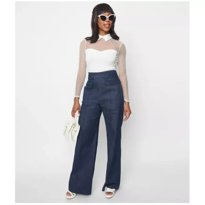 Unique Vintage Denim High Waistband Wide Leg Waist Tab Pants - a world of fashionable women's clothing, including a wide selection of dresses and trendy accessories.< Fashion