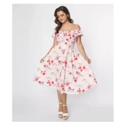 Unique Vintage Floral Off-the-Shoulder Ruffle Swing Dress - a world of fashionable women's clothing, including a wide selection of dresses and trendy accessories.< Dresses