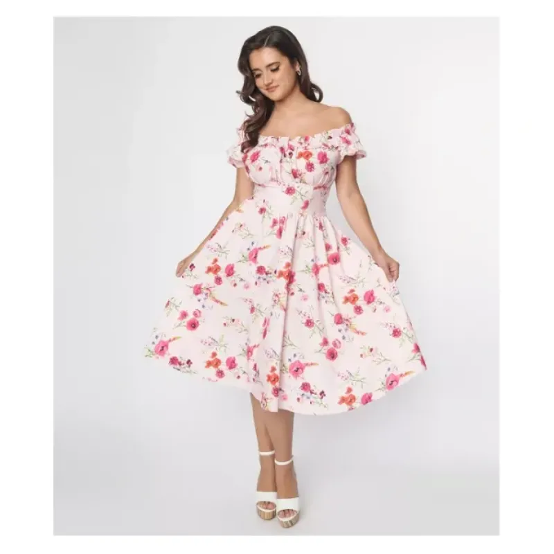 Unique Vintage Floral Off-the-Shoulder Ruffle Swing Dress - a world of fashionable women's clothing, including a wide selection of dresses and trendy accessories.< Dresses