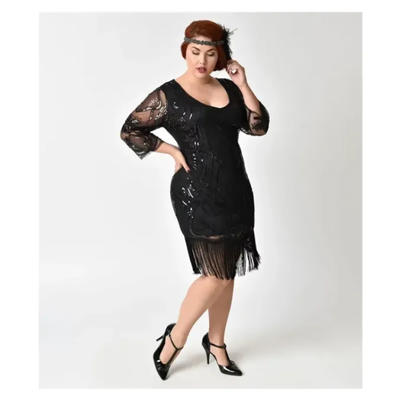 Unique Vintage Plus 1920s Black Beaded SequinFringe Dress - a world of fashionable women's clothing, including a wide selection of dresses and trendy accessories.< Dresses