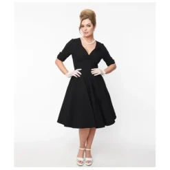 Unique Vintage Plus Size Black Delores Swing Dress with Sleeve - a world of fashionable women's clothing, including a wide selection of dresses and trendy accessories.< Dresses