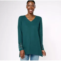 Waffle Knit Regular V-Neck Long Sleeve Tunic with Lace - a world of fashionable women's clothing, including a wide selection of dresses and trendy accessories.< Fashion