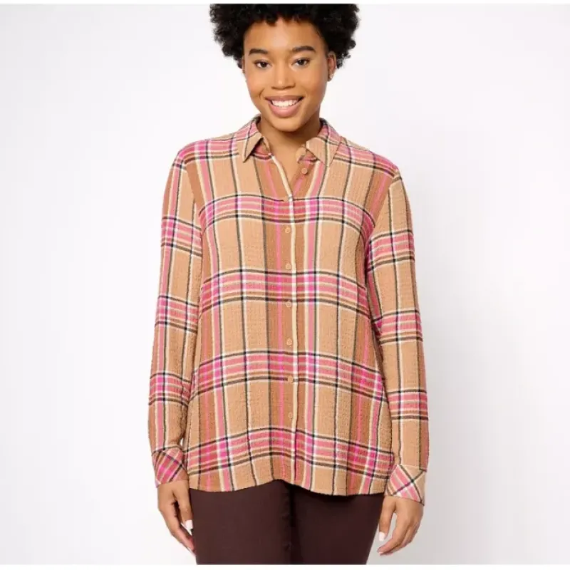 Waffle Weave Petite Button Front Plaid Shirt - a world of fashionable women's clothing, including a wide selection of dresses and trendy accessories.< Fashion